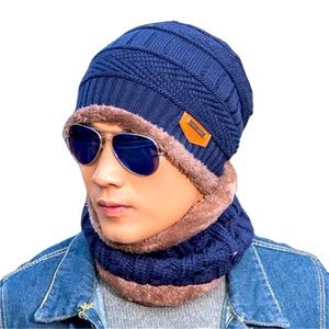 Men and Women Winter Knit Warm Beanie Hat and Scarf Ski Skull Cap 2 in 1